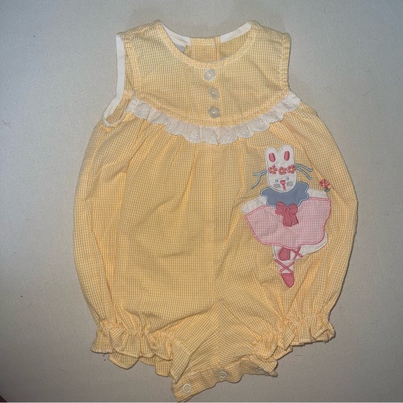 Samara Vintage Yellow Gingham Baby Bubble Romper Bunny Ballerina 3-6 Months - Picture 1 of 7